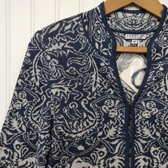Peruvian Connection Balinese Jacket Size PS NWT Blue White Knit Pima Cotton - Picture 4 of 11